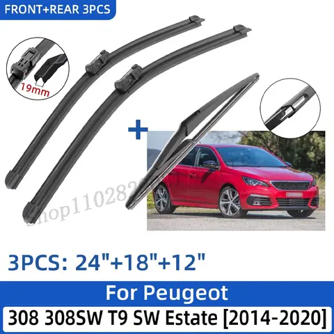 For Peugeot 308 308SW T9 SW Estate 2014-2020 24"+18"+12" Front Rear Wiper Blades Windshield Windscreen Window Cutter Accessories