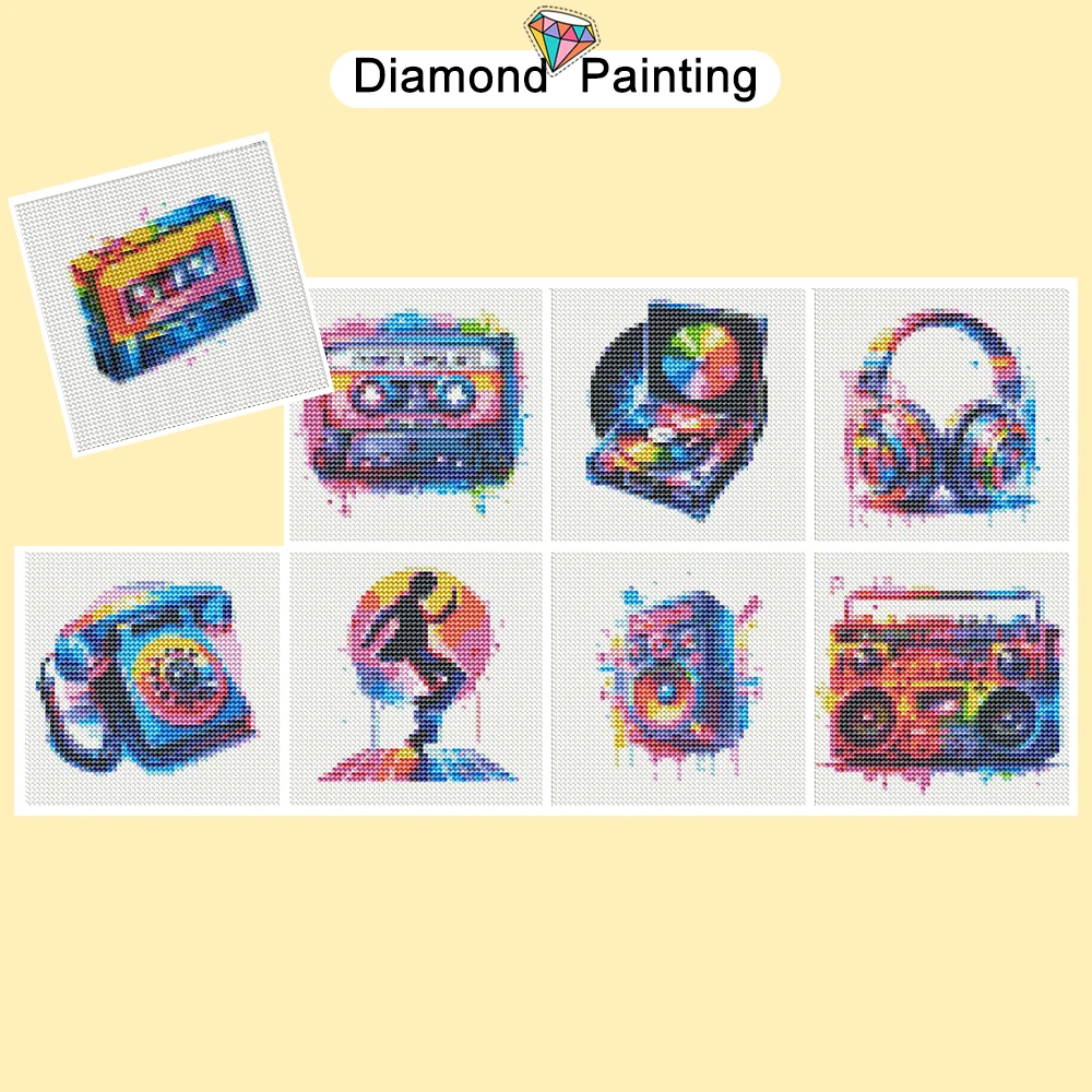 Huacan 8-teiliges Mini-Diamant-Malerei-Set, buntes Klebeband, Radio, runde Diamant-Mosaik-Sets, dekorative Gemälde