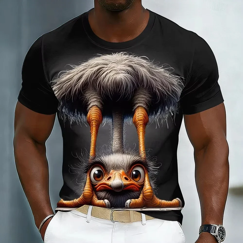 Men T-Shirts New Funny Cartoon Ostrich Painting 3D Printing Short Sleeve Summer Outdoor Fashion Wear Tops Loose Men's T-Shirt
