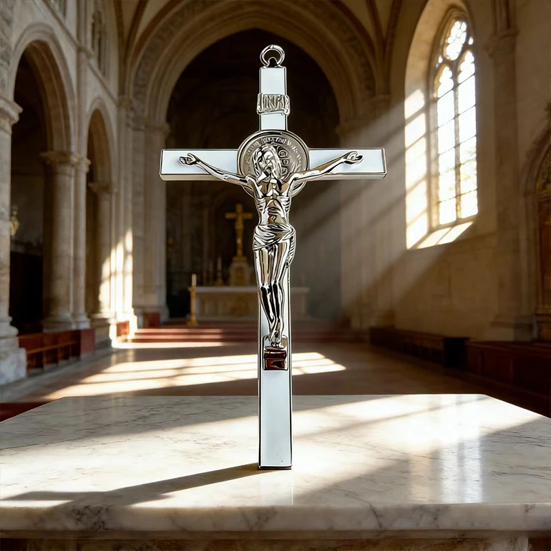 Neu2026 Traditionelles silberfarbenes katholisches St.-Benedikt-Kruzifix mit INRI-Gravur für Kirchenaltar und spirituelle Heimdekoration – Detail 11