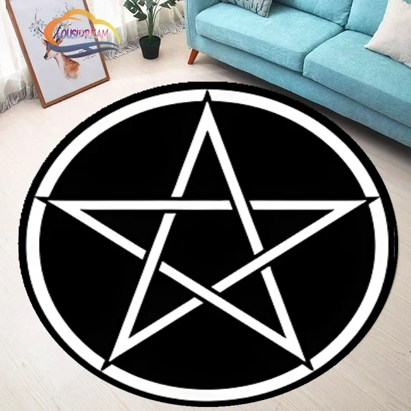 Pentacle Symbol Rug, Pentagram Patterned Round Carpet, Satan Devil\'s Trap, White on Black Supernatural Carpet