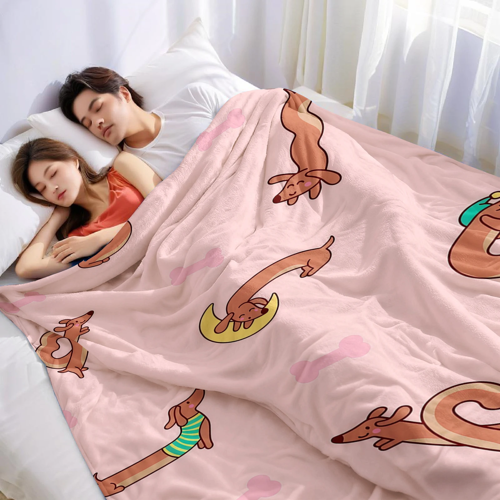 Pink Base Dachshund Bone Lightweight Microfiber Soft Christmas Fleece Blanket Warm Cozy Throw for Sofa Office Travel All Season