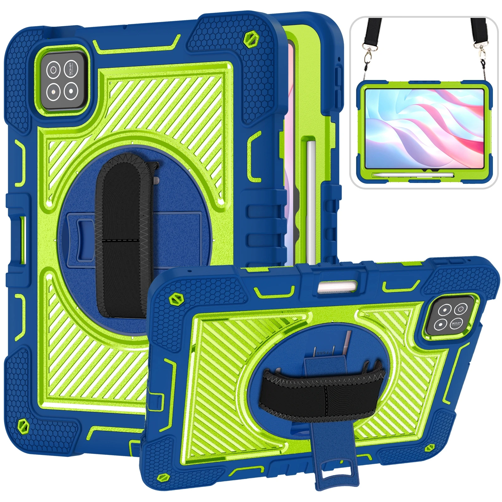 

For Xiaomi Pad 7 Pro / 7 Case Silicone + PC Kickstand Tablet Cover with Shoulder Strap - Navy Blue+Green