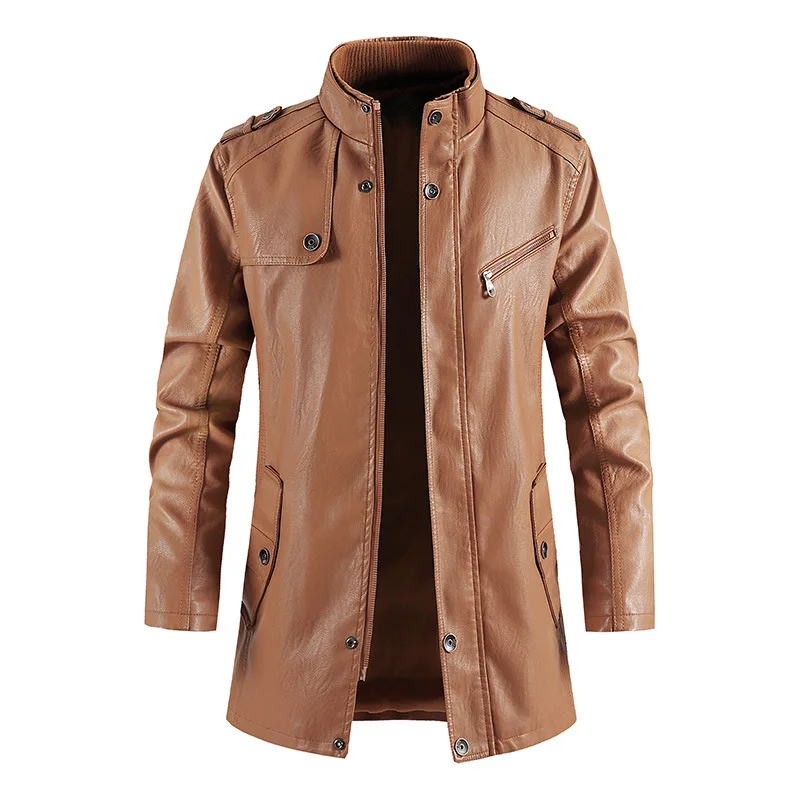 Autumn Winter Men Plush Coat American Retro Stand Collar Man Leather Jacket Long Sleeve Zipper Mid Length Washed Male Outerwear