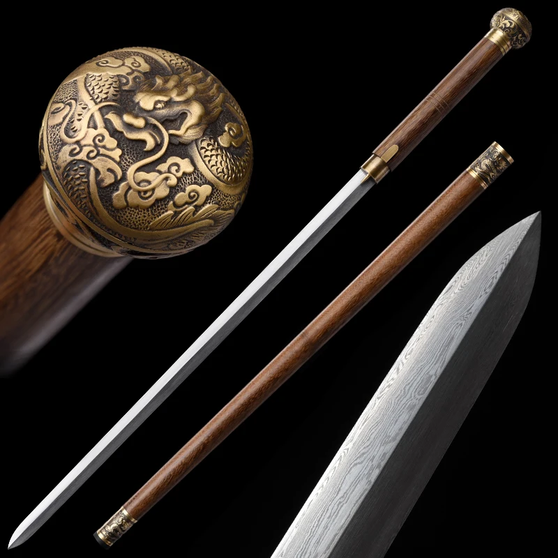 Chinesische Rohrschwerter, gefalteter Stahl, Damaskus-Klinge, echte handgefertigte Full Tang, scharfer Gehstock, Schwert, Messing, Drachenwaffe, Katanas