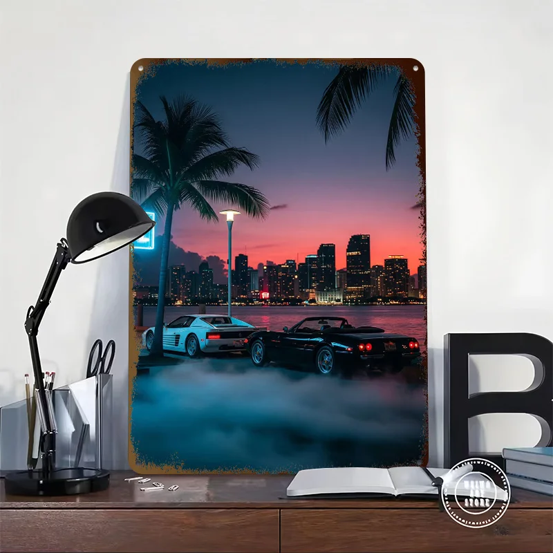 Miami Vice Cars At Sunset Sports Car Tinplate Poster Customized Wall Art Vintage Metal Signs Retro Tin Plaque for Bathroom Decor