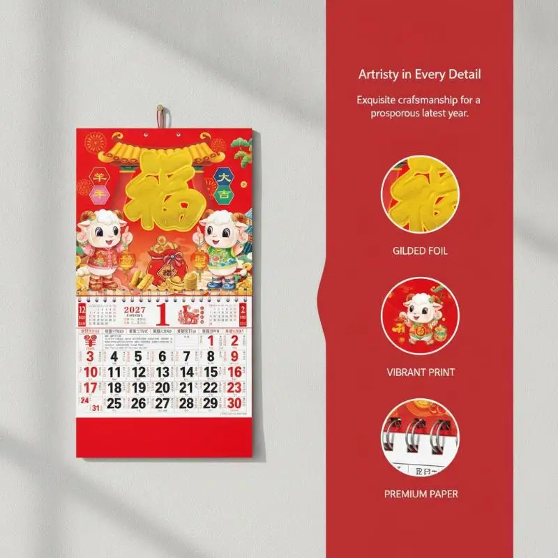 1Pcs 2027 Sheep Year Hanging Wall Calendar Red Gold Foil Traditional Zodiac Monthly Schedule for Lunar New Year Decor