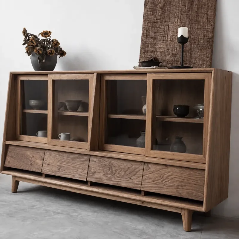Wabi Sandy Wind Old Elm Solid Wood Wall Mounted Tea Cabinet Multifunctional Glass Display Locker Dining Sideboard Storage