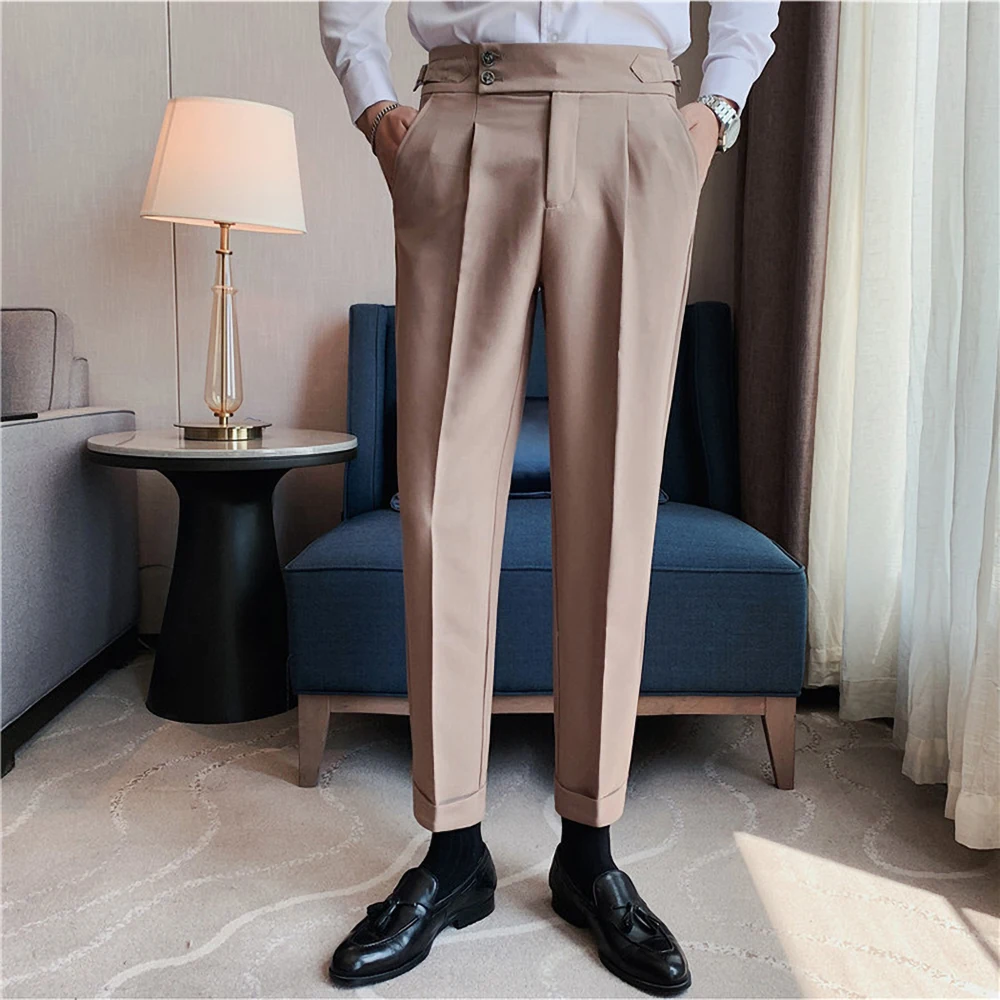 Navy Blue Male Pants Summer Fashion Solid Color High Waisted Trousers Men Wedding Business Casual Slim Fit Wool Social Pants