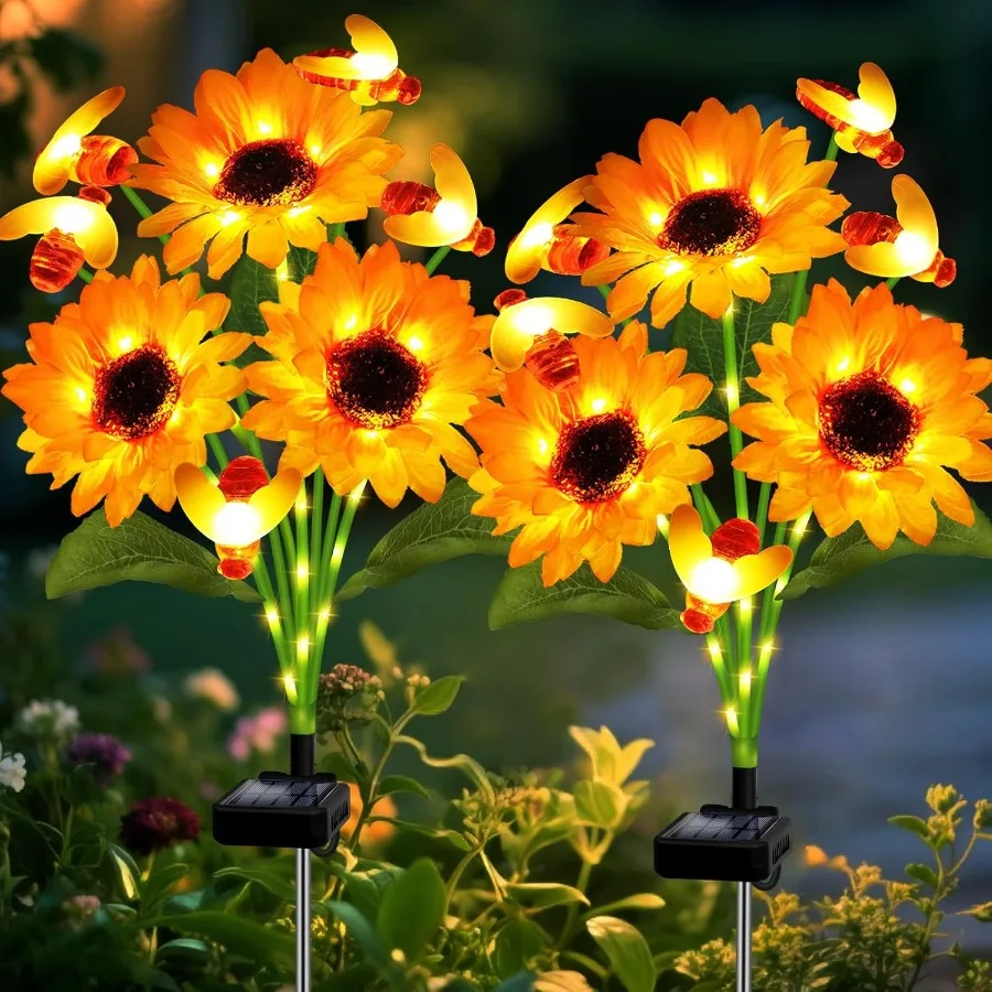 

Солнечные садовые фонари, 4 шт., солнечные качающиеся пчелиные фонари с подсолнухами для наружного декора, водонепроницаемый светлячок с цветком для патио