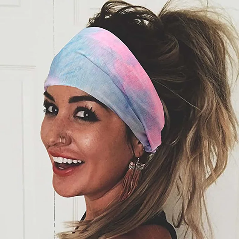 

New Summer Women's Tie Dyed Cotton Headband Elastic, Wide and Soft Girls Sports Yoga Knot Headband Tennis Gym Running Sweatband