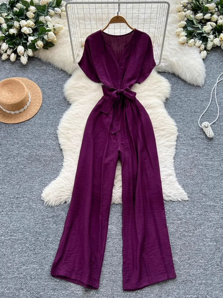 

Fashion V-neck short sleeve high waist jumpsuits women's summer jumpsuits new skinny lace up solid casual wide leg full Jumpsuit