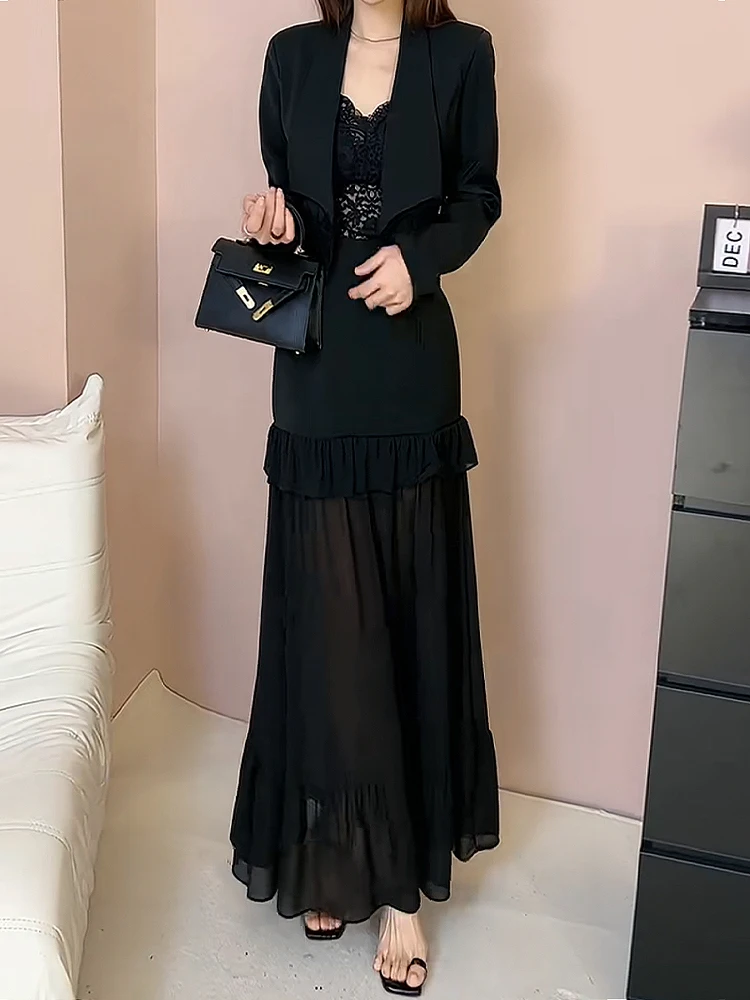 Ele ort Pak Jaet En Me Rokset Dames Lente Herfst Hoge Taille A-lijn Dr Tweedelige Set Kraag Rits C...