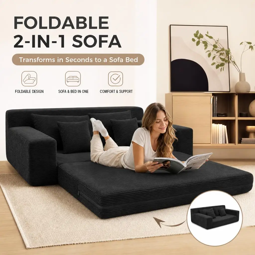 Divano letto a due posti, non richiede montaggio, trasformabile in letto pieghevole 2 in 1, divano modulare in velluto a coste, con ampi braccioli e schiuma ad alta elasticità, ideale per piccoli