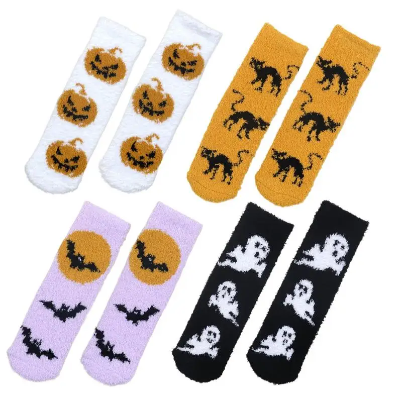 

Halloween Fuzzy Socks Women 4 Pairs Cartoon Novelty Sleeping Socks Winter Socks Glow In The Dark Anti-slip For Halloween Party