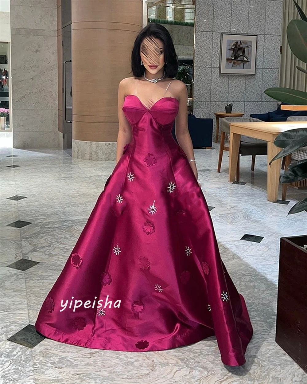 Yipeisha exquisite moderne Stil formale Abend träger lose boden lange Ballkleid Applikationen Satin Ballkleider