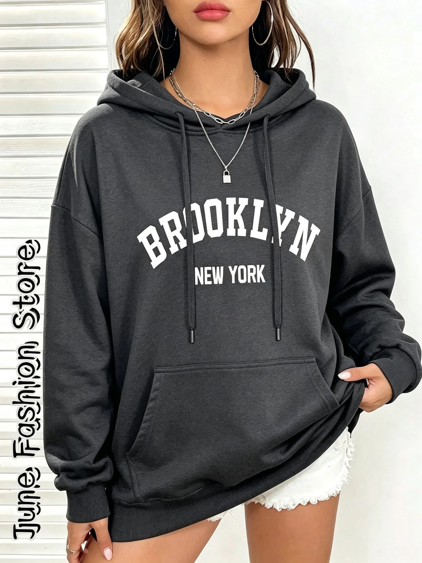 Damen-Kapuzenpullover – Lässige Streetwear-Mode mit Buchstabenmuster, Brooklyn New York – Vintage-Stil, Frühlings- und Herbstkollektion. – Detail 11