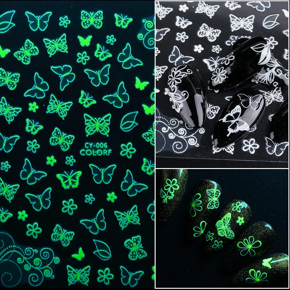 Luminous Effect Butterfly Leaf Flower Dragonfly Nail Sticker Glow in the Dark Glitter Decal 3D Green White Slider SACY001-009