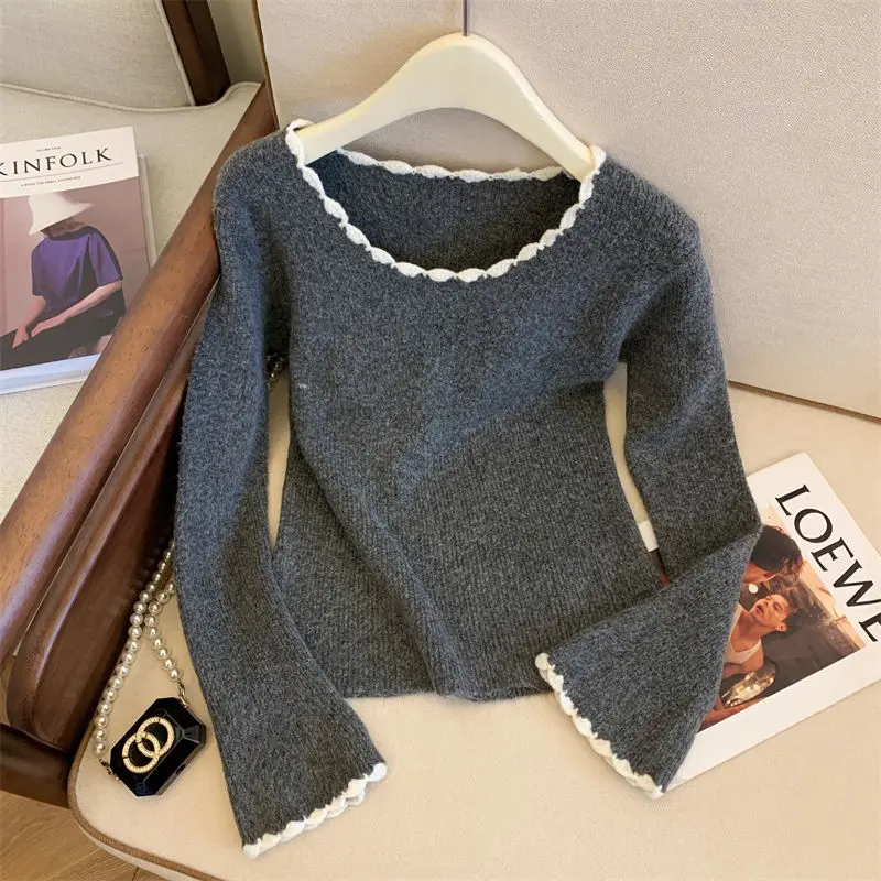 

French Style Office Lady Fungus Edge Long-sleeved Knitted Top Women's Autumn 2024 New Slim-fit Chic Sweater Pullover