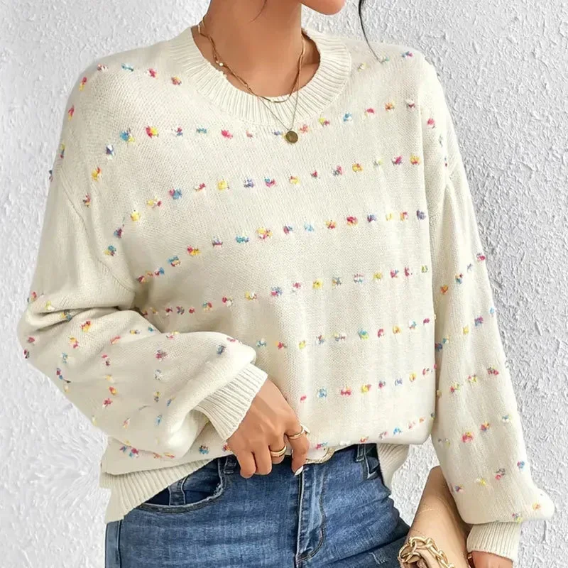 Long- Sleeve Loose Knit Sweater for Women Autumn and Winter New Fashion Multicolor Dot Jacquard Round Neck Pullover Sweater,