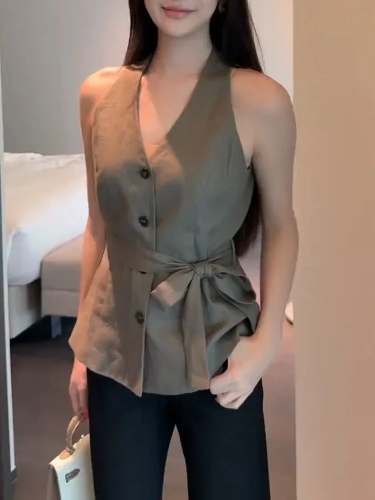 

Ele V-ne Svel irt Belted Faionable Large Size Top Korean Sle Commute Wind Daily Wear Pure Color Single Button