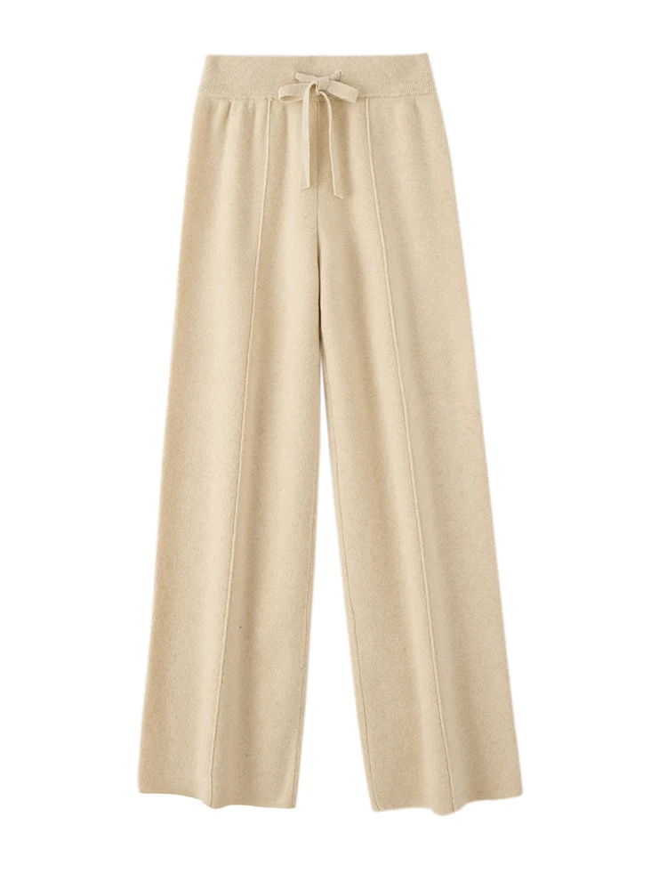 Autumn Winter Chic Women's 100% Merino Wool Casual Loose Soft Thick Trousers Elastic Waist Solid Color Knitted Wide-Leg Pants