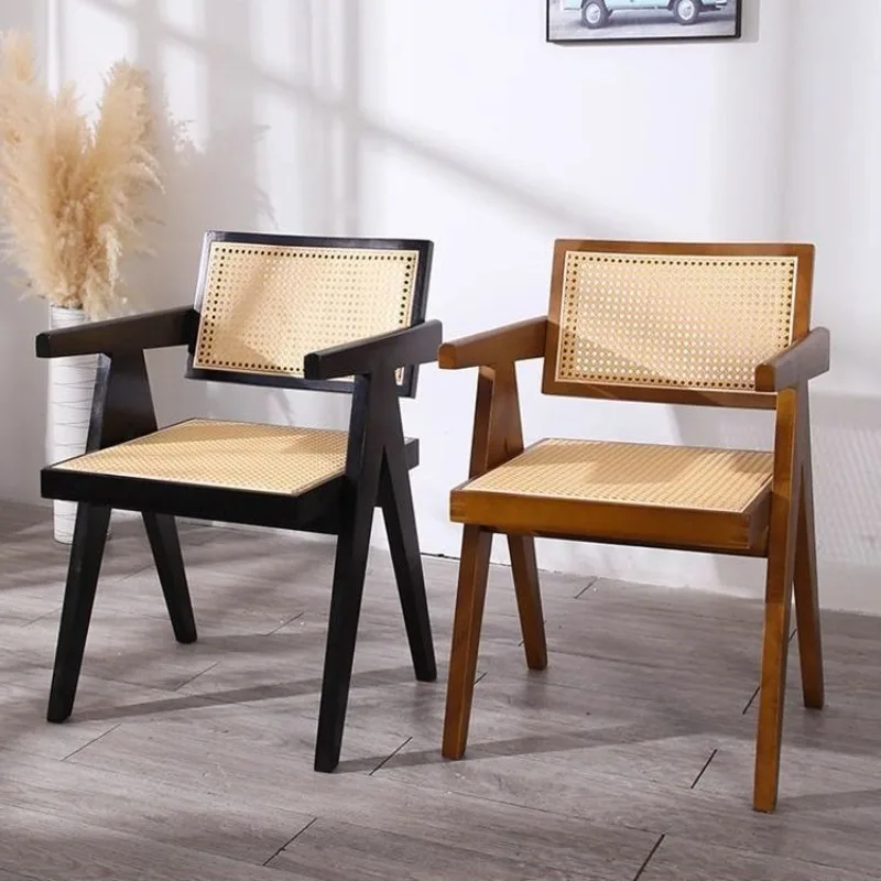 Modern Wooden Armchair with Rattan Design for Dining and Living Room Furniture Mid-Century Dining Chair with Wooden Legs