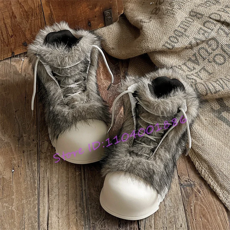 

Winter Fur Snow Boots for Women Warm Plush Big Round Toe Thick Soled Short Boots Trendy Cross Tied Lace-Up Platform Casual Shoes