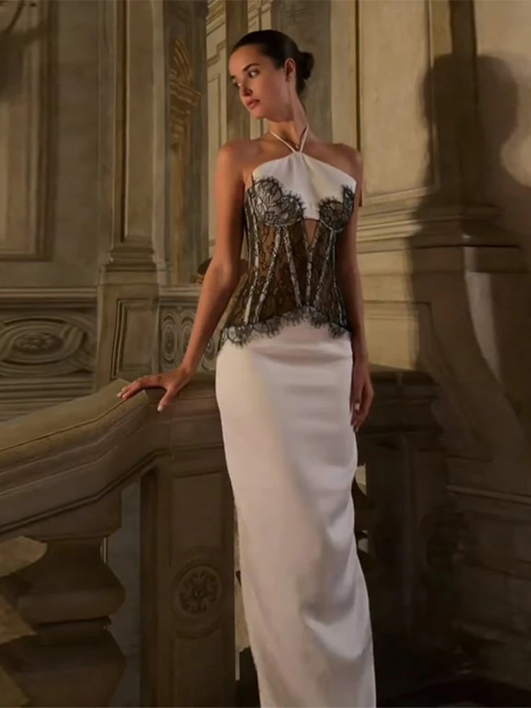 المرأة الدانتيل المرقعة الرسن فستان ماكسي الجوف خارج انظر من خلال فساتين بلا أكمام سيدة جديدة أنيقة موضة مساء رداء حفلات 2025