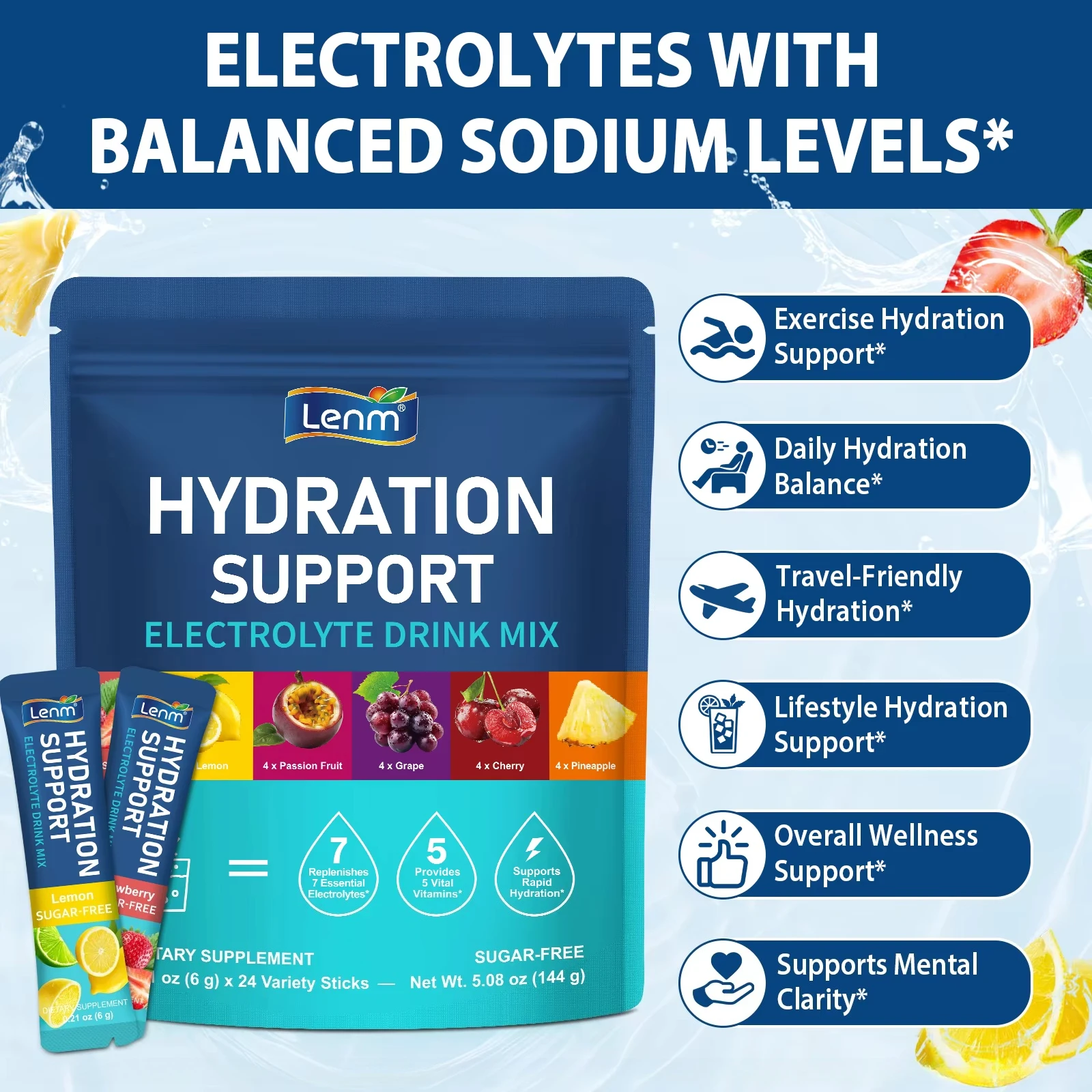 Lenm Electrolyte Drink Mix Energy Support Growth Support Hydration Immune & Fatigue Support 7 Electrolytes 5 Vitamins 24 Sticks