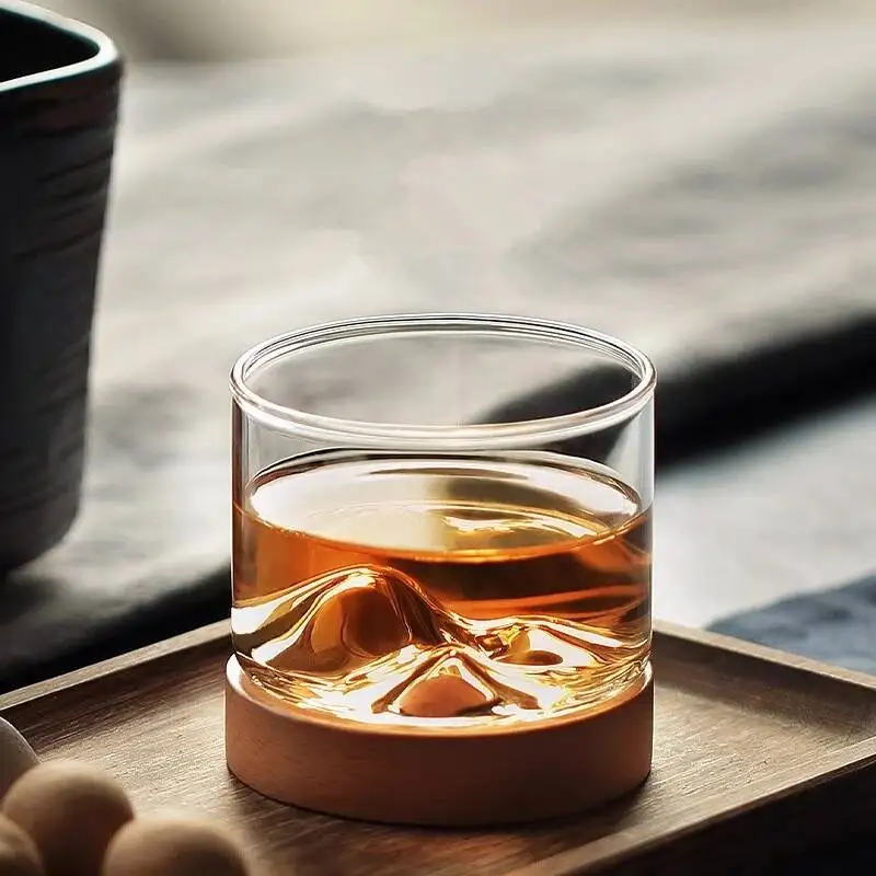 Japanese Style 3D Mountain Liquor Glass Solid Wood Coaster Set Split Type Vodka Cup Whisky Glass Walnut Cup Mat Whiskey Tumbler