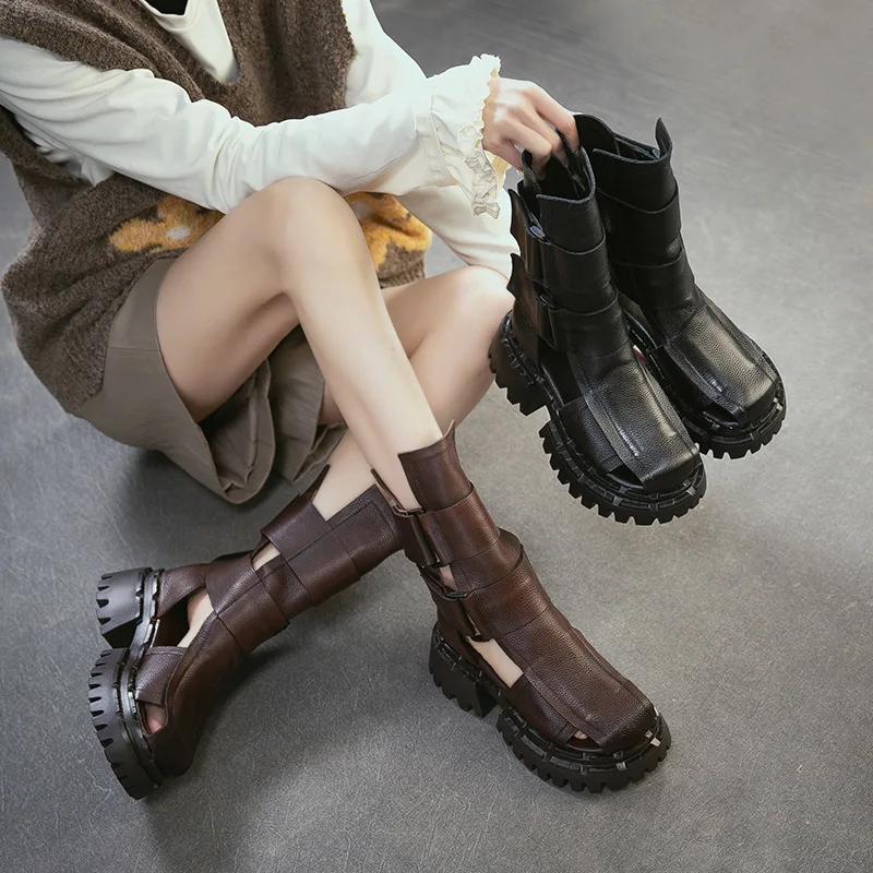 

2026 Summer Women Roman Sandal Boots Genuine Leather Platform Thick Sole Hook & Loop Open Toe Shoes Black Brown Size 35-40