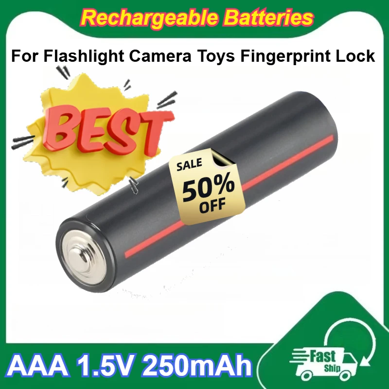 

AAA 1.5V 250mAh Lithium Battery USB Rechargeable for Flashlight Camera Toys Fingerprint Lock Batteries with USB Charging Port