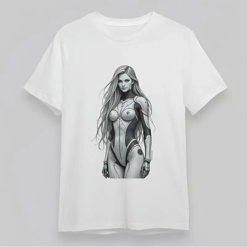 Women'S Soft Cotton T Shirt Futuristic Sci Fi Woman Short Steampunk White