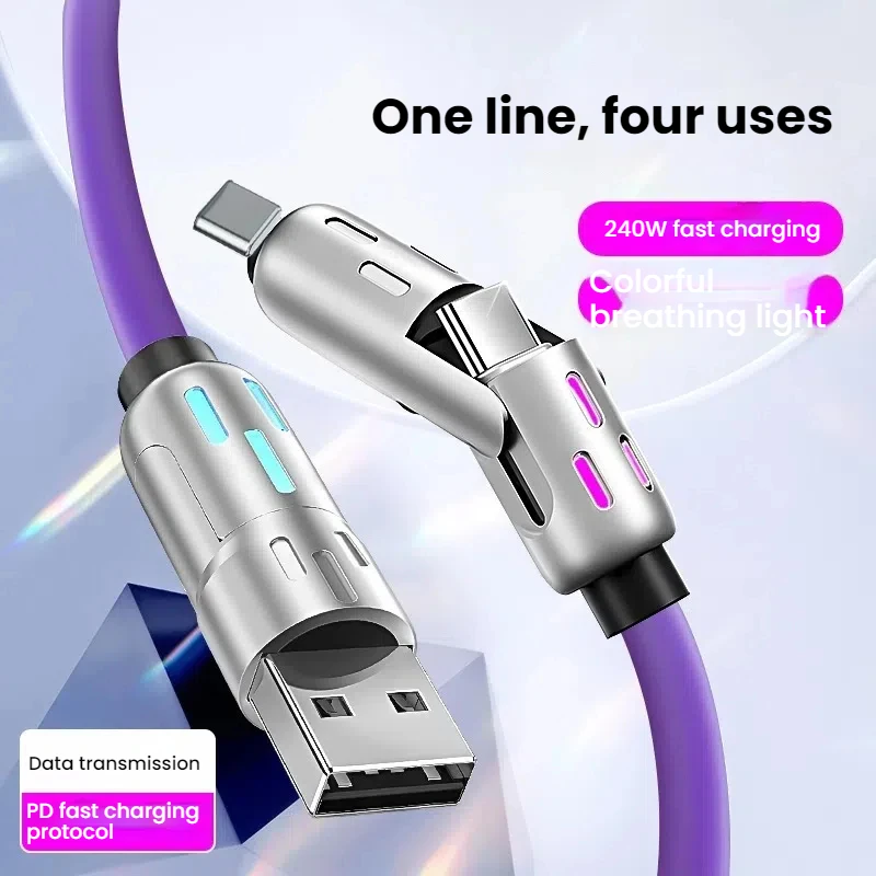 240W 4 in 1 Charging Cable for Xiaomi Redmi 14R Samsung Galaxy F14 Doogee Blade GT Moto ThinkPhone 25 Cubot A30 Phones Cable