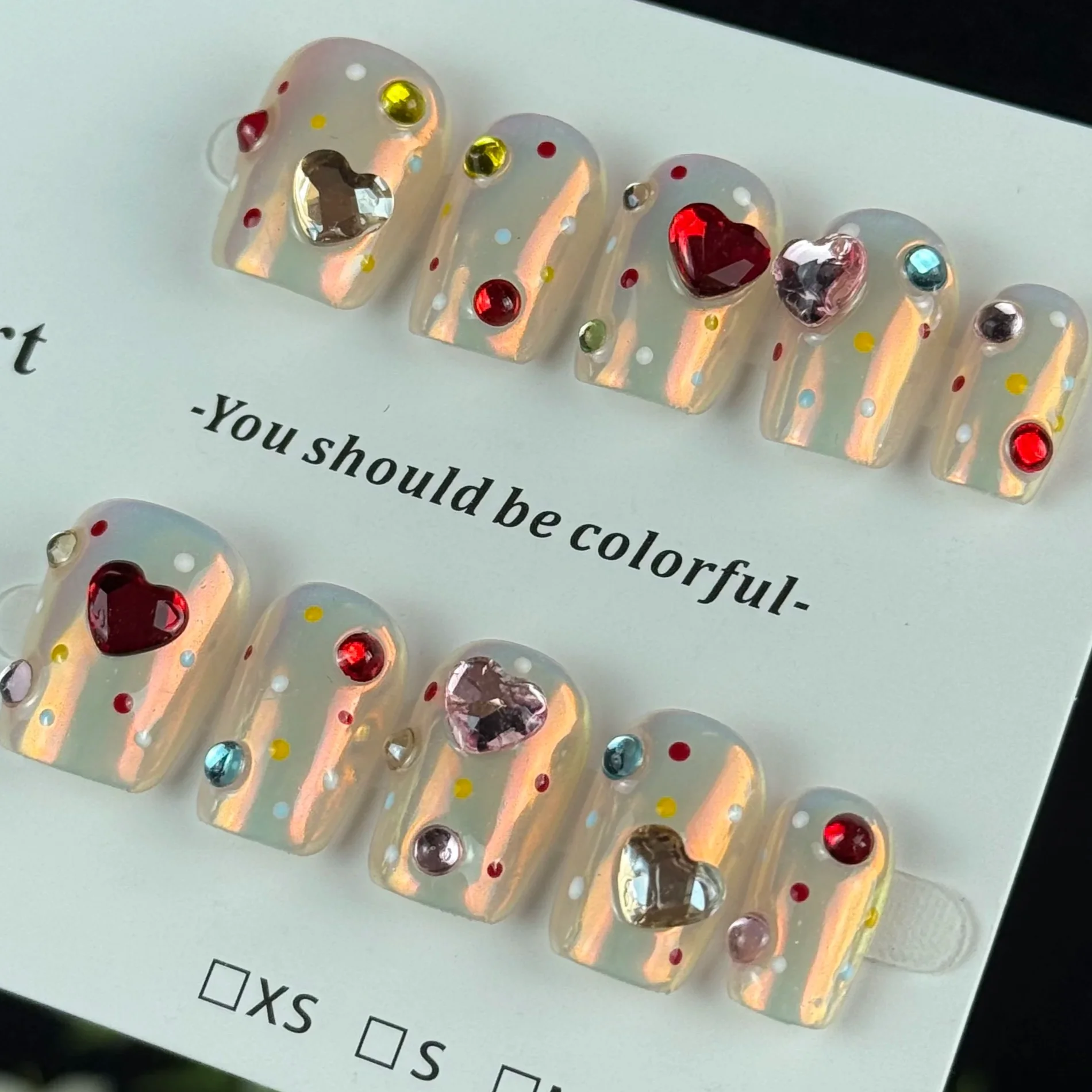 

10pcs high-end Cute girl style, hand-painted three-dimensional colorful heart, sparkling point diamond handmade fake nails