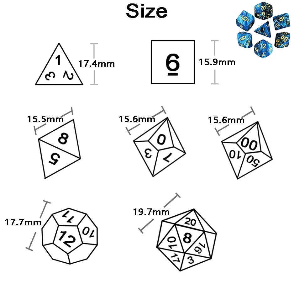 7pcs Dice with Bag DnD d4,d6,d8,d10,d%,d12,d20 Polyhedral Board Game Pieces RPG