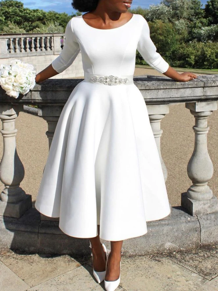 Women White Dresses Party O Neck Three Quarter Sleeves High Waist A Line Pleated Summer Fashion Evening Birthday Gowns 2023 New