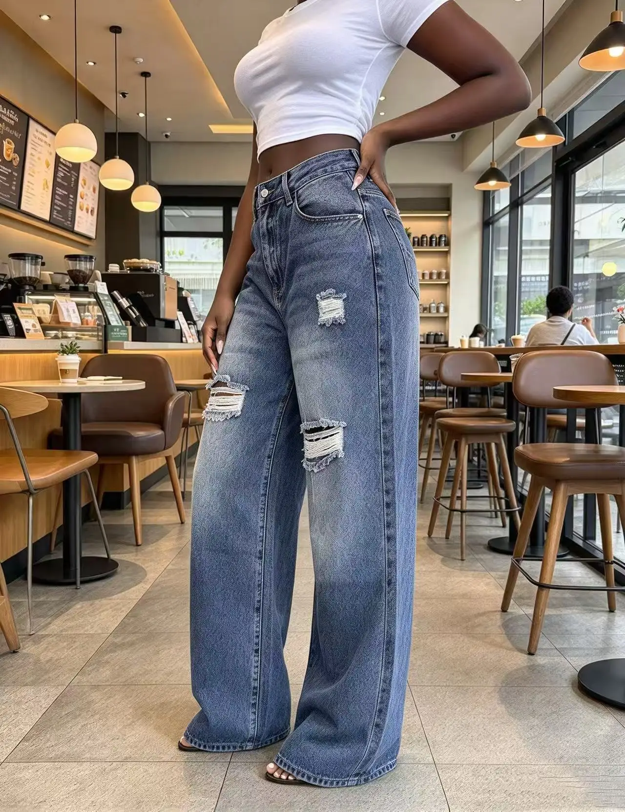 Women's Spring Autumn Light Blue Washed Wide Leg Denim Pants High Waist Whiskering Hide Fat Versatile Loose Ripped Denim Long Trousers