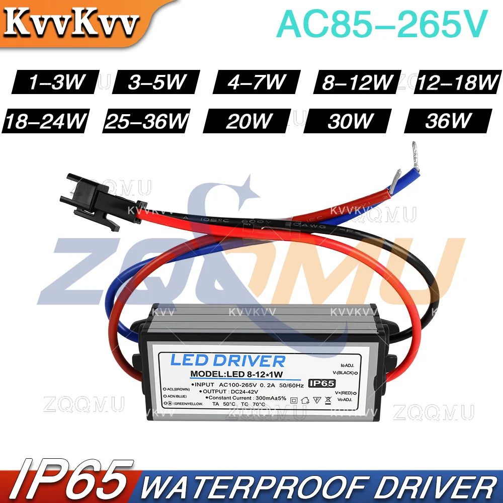 IP65 Waterproof LED Driver 1-3W 4-7W 8-12W 12-18W 18-25W 25-36W AC85-265V 300mA Transformer Power Supply for Panel Light
