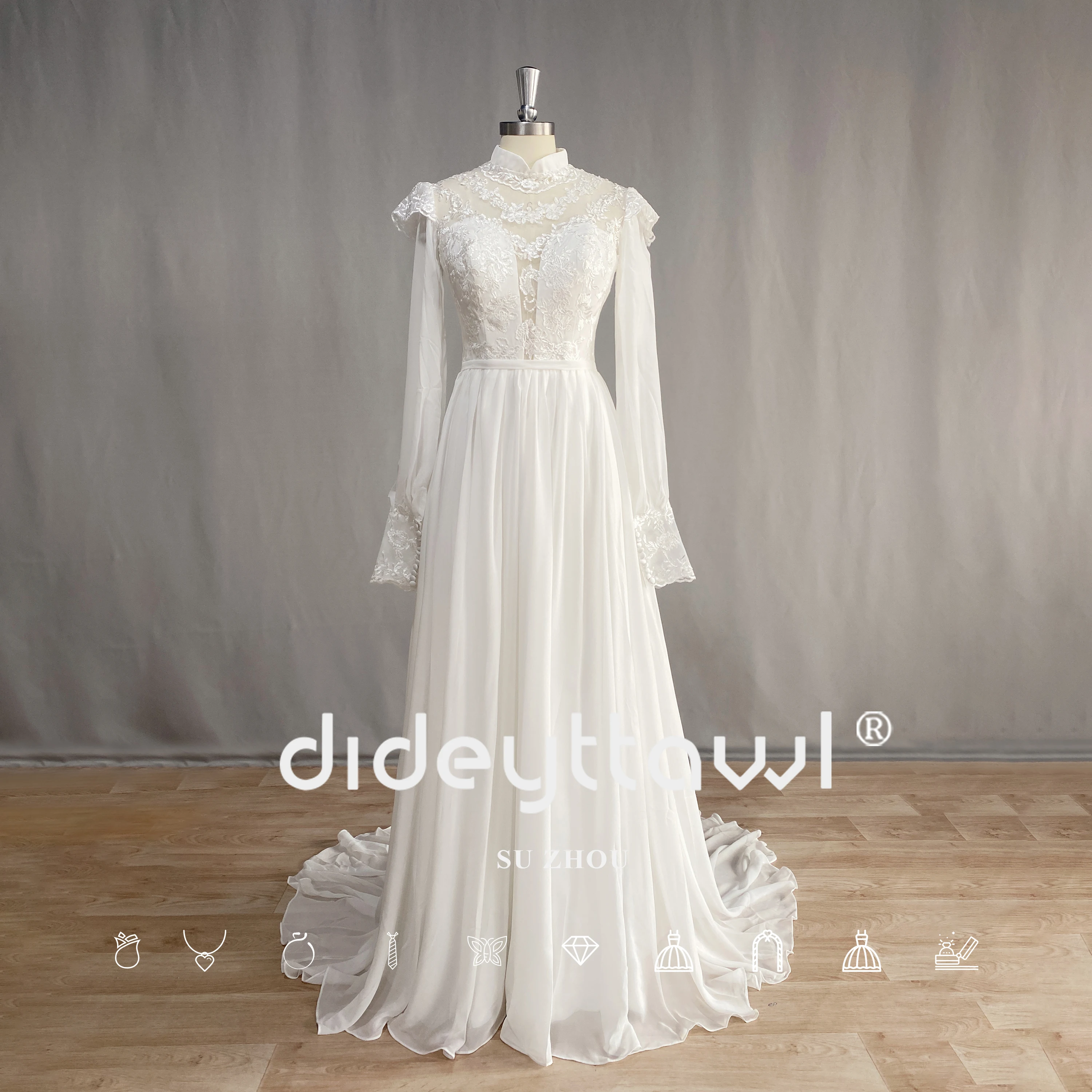 Dideyttawl 2023 Empress Wedding Dress with Long Sleeves Stand Collar A Line Keyhole Robe De Mariée Lace Chiffon New Bridal Gowns