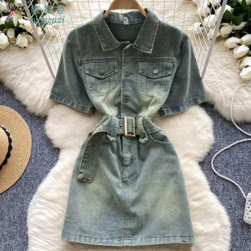 

Quality Summer Women Slim Retro A-line Denim Dress with Belt POLO Collar Short Sleeve Pocket Mini Jean Short Skirt Korea Style
