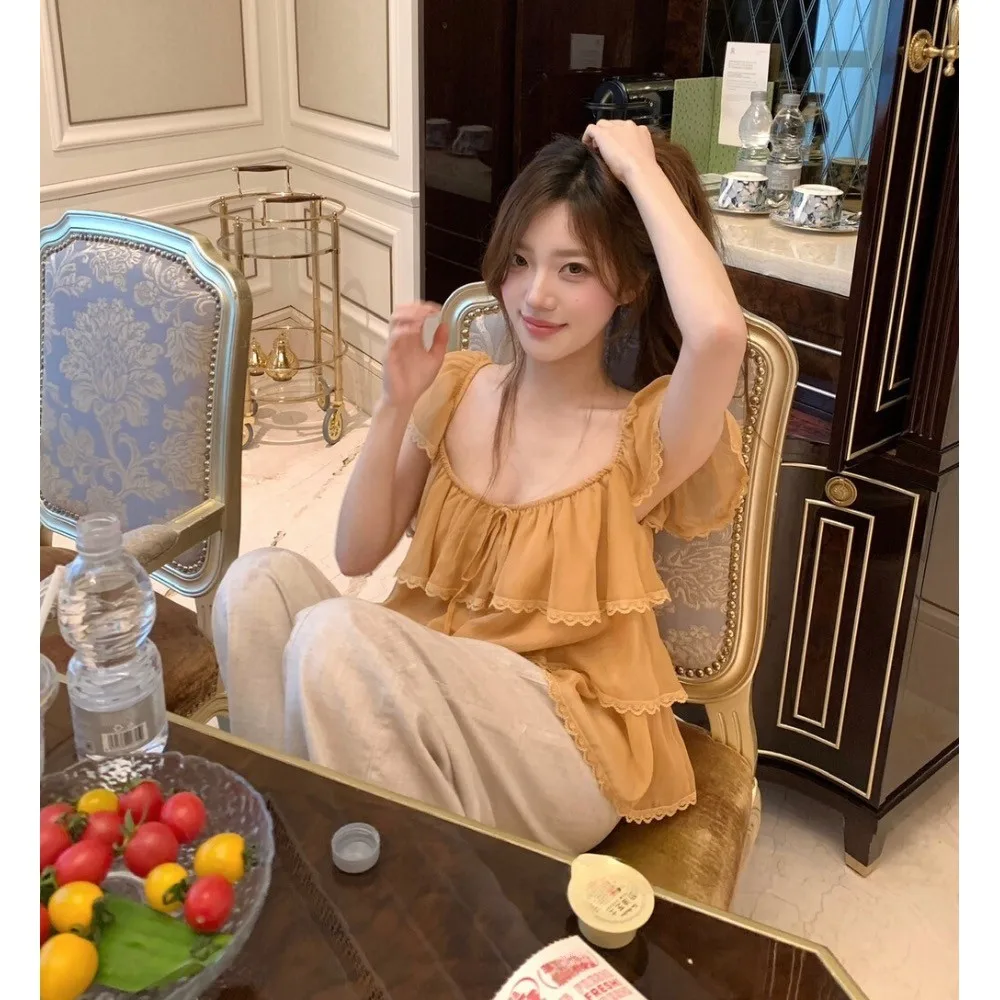 

Summer 2026 Sweet Collar Bow Hemmed Miniature Cake Sleeve Shirt Women Slimming Gentle Top French Style Polyester Fiber