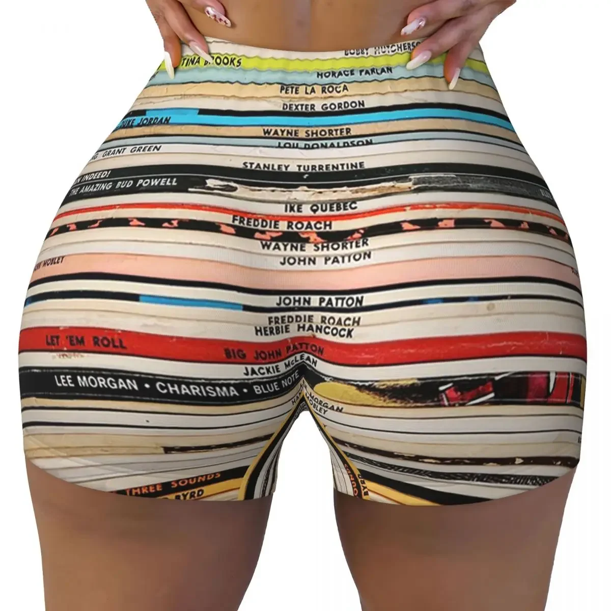 Custom Blue Note Vinyl Records Yoga Shorts Women Gym Workout Running Athletic Volleyball Biker Shorts