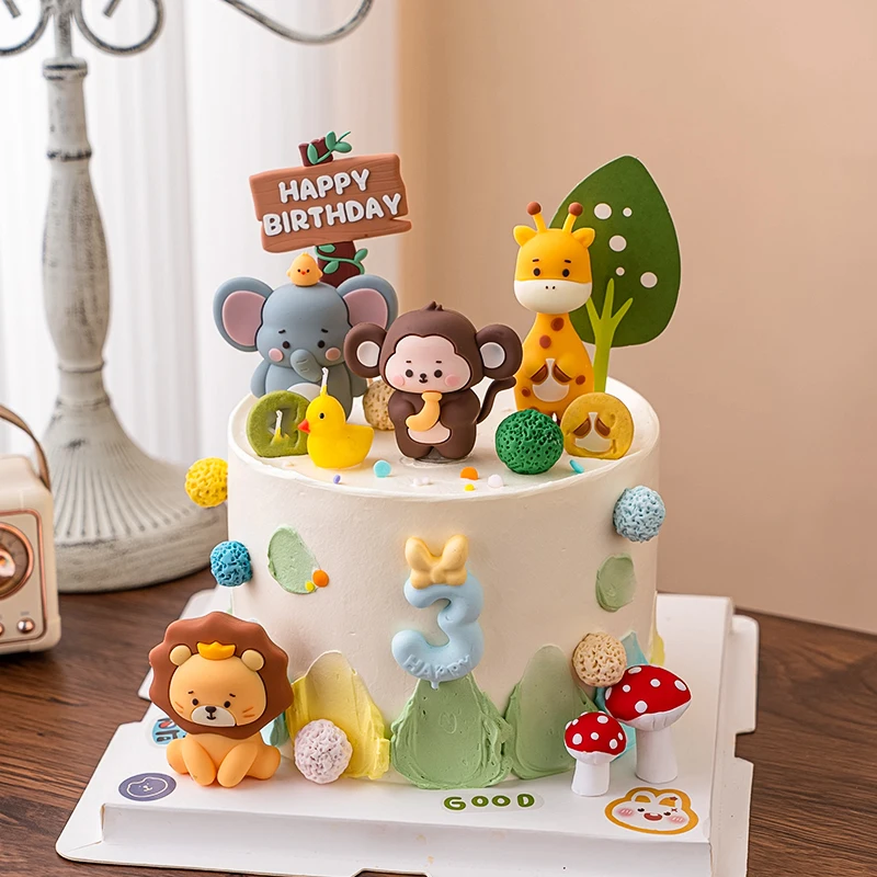 Jungle Safari Animal Cake Decoration Lion Elephant Money Giraffe Mushroom Happy Birthday Cake Topper Boy Birthday Party Supplies