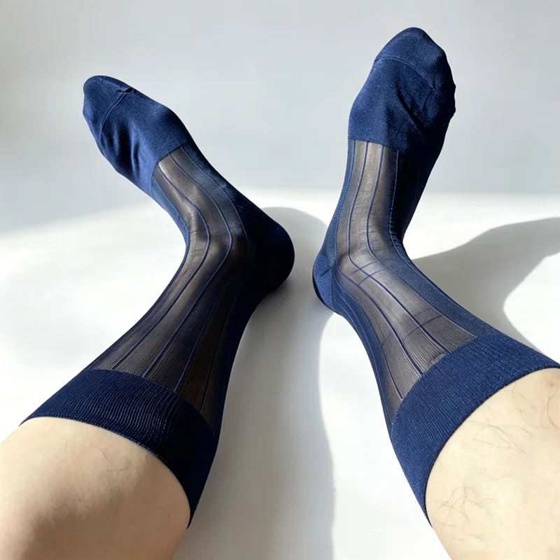 Mens TNT Mid Calf Socks Men Solid Colors Business Socks Man Breathable Wide Stripe Sheer Nylon Large Size Gentlemen Dress Socks view 6