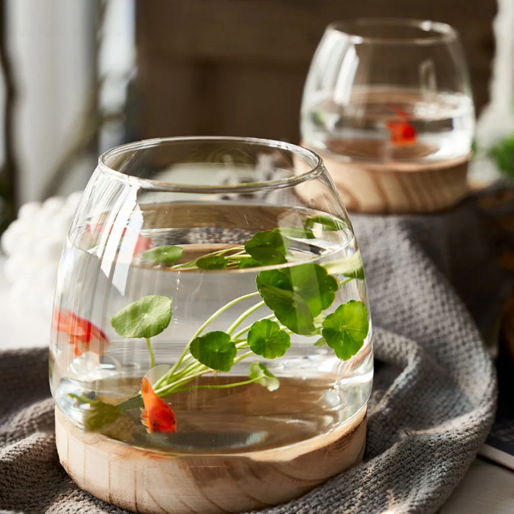 

1 set Glass Hydroponic Container Unique Fish Aquarium Wooden Base Clear Betta Planter Desktop Vase Creative for Tabletop