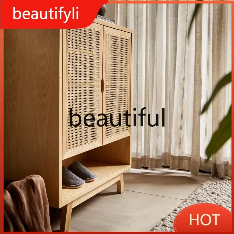 Solid wood rattan shoe cabinet household locker multi-layer storage large capacity Nordic rattan bed and breakfast