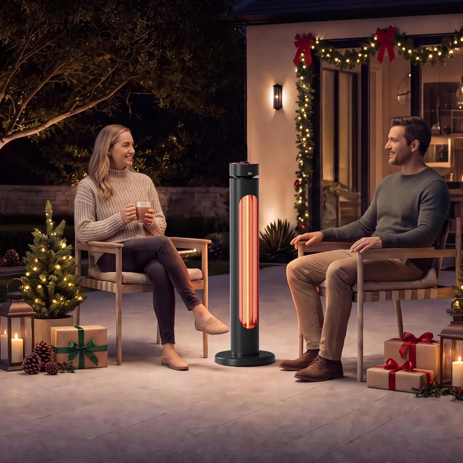 Outdoor Electric Infrared Patio Heater, 1500W with 8 Heat Settings, 60° Oscillation, Remote Control, 8-Hour Timer, Tip-Over and Overheat Protection, Black