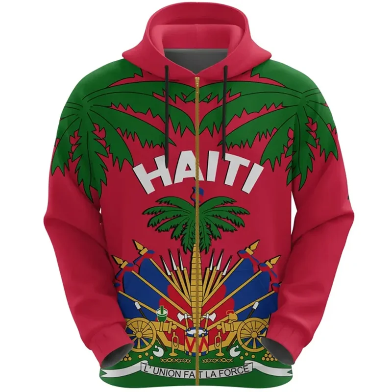 Autumn Vintage 3D Printing Haiti National Tribal Flag Zip Up Hoodies Haiti Coat Of Arms Graphic Zip Up Sweatshirts Mens Clothing